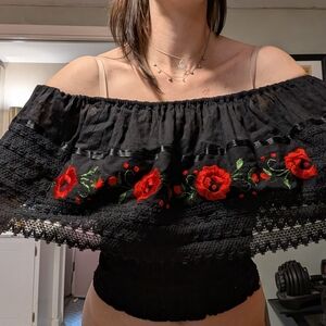 Black Off-Shoulder Top with Red Floral Embroidery